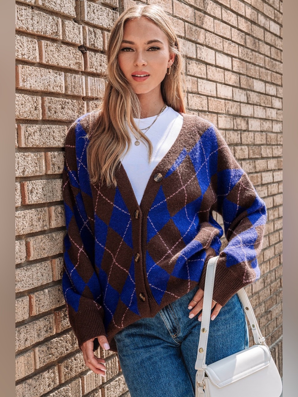 Cupshe • Women’s Cozy Blue & Brown Argyle Button-Up Cardigan Sweater Small NWT - Picture 4 of 6